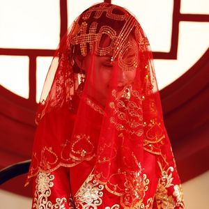 中式婚礼盖头秀禾服红盖头抖音网红纱盖头新娘头纱红色秀禾红盖头