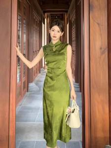 吃绿色菜【夏怜语】新中式两色提花显瘦显白旗袍连衣裙女夏季