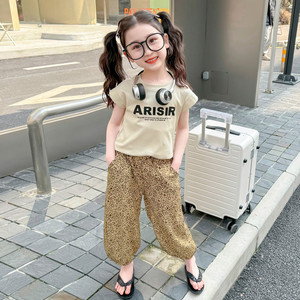 KIDSWEAR女童超酷拽姐套装2024儿童短袖豹纹裤韩版两件套休闲夏装