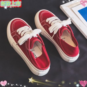 夏季薄款红色帆布鞋女2024新款懒人一脚蹬可踩休闲布鞋球鞋小红鞋