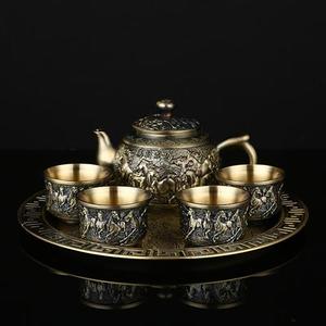银色茶具小套装家用功夫茶杯复古茶壶托盘茶具实用 青铜马道成功