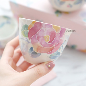 日本制进口美浓烧和蓝玫瑰粉色樱花语日式陶瓷抹茶功夫煎茶杯茶碗