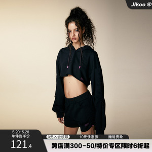 JIKOO原创美式复古短款露脐连帽卫衣女秋季宽松辣妹设计感上衣潮