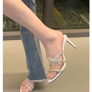 rc水钻凉鞋~2023夏季新款蝴蝶结一字带细跟拖鞋女外穿时尚高跟鞋