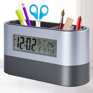 (送电池)多功能塑料万年历电子笔筒商务办公桌面电子时钟带温度