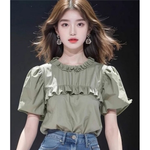 夏季新款气质淡绿色花边领褶皱短袖衬衫女韩版流行减龄小个子上衣