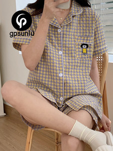 日本代购GP格子开衫睡衣女夏天短袖纯棉衬衫甜美可爱家居服女套装