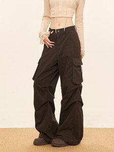 美式复古棕色皱褶工装裤男女小众设计感大口袋宽松休闲直筒阔腿裤