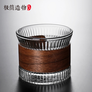 日式锤纹玻璃小茶杯带木隔热环防烫手品茶单杯耐热品茗喝茶主人杯