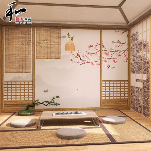 日式和风仿木门屏风墙纸榻榻米民宿剧本杀茶室装饰寿司料理店壁纸