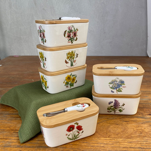 陶瓷牛油盒有盖带抹叨长方形家用奶酪黄油分割器保鲜储存盒密封罐