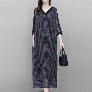 Mapping香港品牌女装夏季黑色雪纺连衣裙高级感大码休闲气质长裙