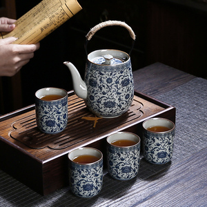 闽度复古中式青花茶具套装家用一壶四杯提梁壶功夫茶具陶瓷小茶壶
