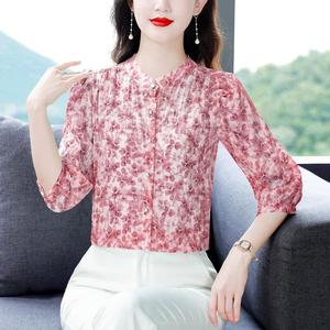 夏季韩版新款碎花中年女士雪纺衫衬衣时尚减龄休闲七分袖T恤小衫