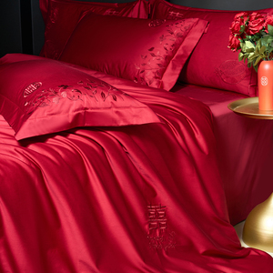 颂罗兰高级婚庆十件套结婚床上用品四件套纯全棉大红色新婚喜被六