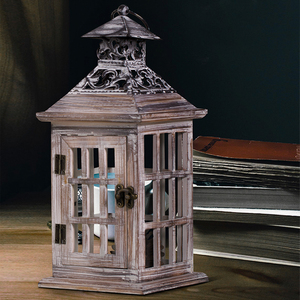 欧式复古蜡烛台木质防风灯落地摆件刷白做旧铁艺婚礼道具家居饰品
