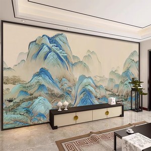 新中式千里江山图墙纸国画山水客厅餐厅背景墙布茶室壁纸卧室壁布