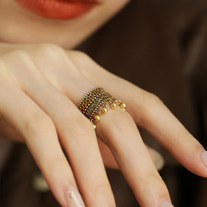 复古金色圆珠流苏镂空戒指女时尚轻奢小众设计高级感豆豆蕾丝指环