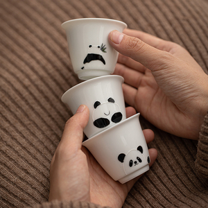 手绘熊猫陶瓷品茗杯白瓷功夫茶杯主人杯单杯小号茶具个人专用杯子
