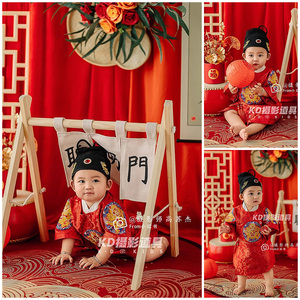 新款周岁照宝宝拍照衣服道具抓周礼红色喜庆中国风古装影楼艺术照