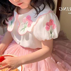 女童短袖衬衫2024夏季新款宝宝娃娃领衬衣洋气韩版女孩公主上衣潮