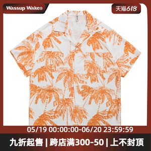 wassupwake短袖衬衫男潮牌出差夏威夷海滩度假宽松休闲冰丝衬衣