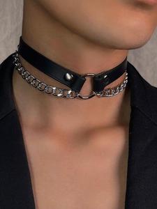 钛钢双层链条项圈颈链脖圈小众朋克摇滚个性男女头层皮项链choker