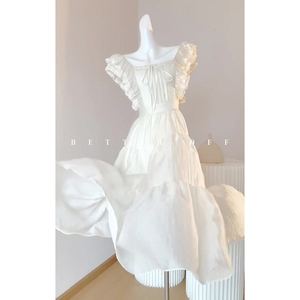 CTT夏日海边度假风甜美减龄茶歇裙法式小众设计白色飞飞袖连衣裙