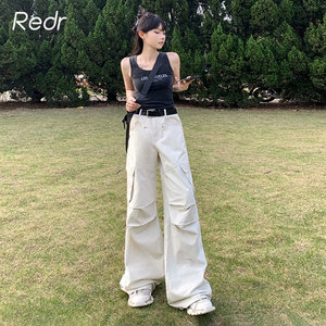 REDR美式复古工装裤女春季2024新款白色高腰宽松直筒阔腿休闲裤子