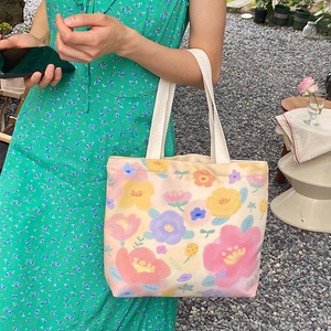 Dailybag彩色花朵小清新手提包大容量女夏天新款文艺日系帆布包袋