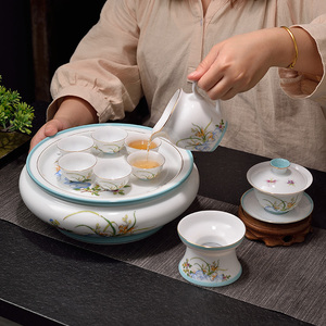 羊脂玉蝶恋花现代简约陶瓷茶盘茶杯盖碗套装家用办公潮州功夫茶具