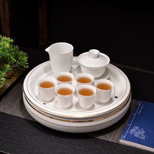 中式描金羊脂玉瓷茶盘茶船功夫茶具储水圆形大号茶杯茶海盖碗套装