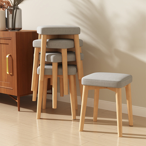 实木凳子家用可叠放方凳软包圆凳现代简约客厅餐桌餐椅布艺高椅子