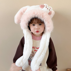 儿童帽子围巾一体冬季可爱小兔子耳朵会动宝宝护耳帽男女童毛绒帽