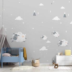 现代简约云朵定制壁画卡通绵羊儿童房壁布环保男女孩卧室床头墙布
