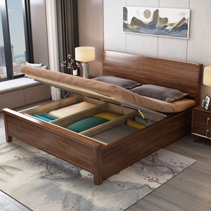 胡桃木实木木床现代简约家用1.35气压杆储物单人床