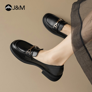 J＆M/快乐玛丽乐福鞋女2024夏季新款英伦黑色小皮鞋复古厚底单鞋
