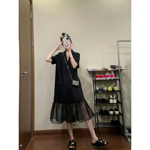 黑色薄款西装连衣裙女夏季韩版新款拼接宽松休闲长袖西服外套裙子