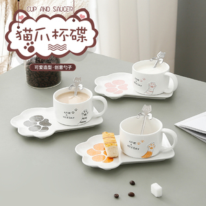 日式猫爪咖啡杯碟勺套装可爱办公室下午茶点心盘ins风陶瓷杯子女