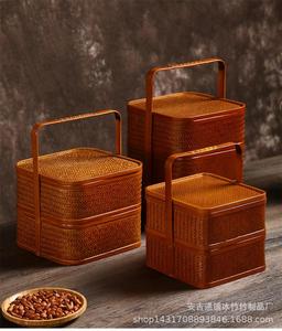 竹编食盒收纳盒茶具提篮带盖篮子月饼篮复古多层提盒礼盒仿古点心