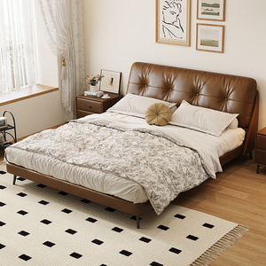 顾家家居真皮床轻奢现代简约双人床意式极简法式复古床齐边床软包