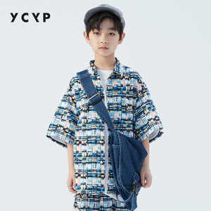 YCYP童装网红炸街男童花衬衫短袖夏季新款儿童衬衣男帅气纯棉上衣