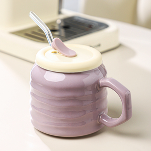 高颜值马克杯芋泥紫可爱陶瓷水杯带盖女生办公室大容量带吸管杯子