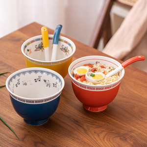 日式复古中国风创意陶瓷拉面碗高脚碗龙凤大汤碗餐具6英寸深碗勺