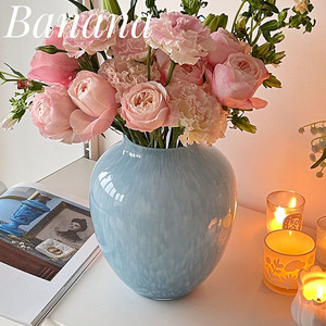 香蕉花瓶店 北欧风品牌设计可爱蓝色圆桶花器 纯净海水蓝装饰摆件