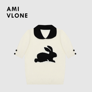 AMI VLONE2023春季新款毛衣短袖兔子图案撞色毛织提花设计上衣女