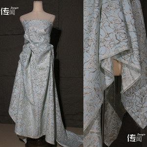 迷宮   金丝线浅蓝立体肌理提花面料旗袍金丝绒diy服装设计师布料