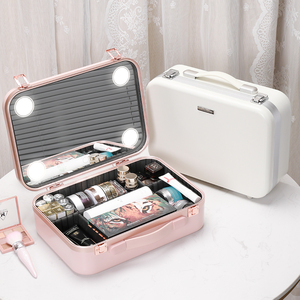 日本新款化妆箱带灯便携式大容量化妆师化妆包带镜子美妆手提旅行