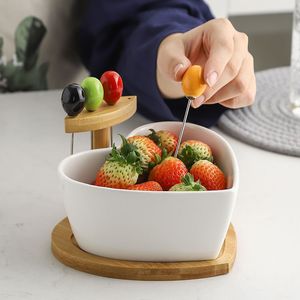 创意干果盘陶瓷沙拉碗带叉家用水果盘碗客厅个性糖果篮小吃点心盘