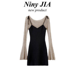 Niny JIA春秋季新款设计感显瘦版型圆领女款小众黑色百搭连衣裙子